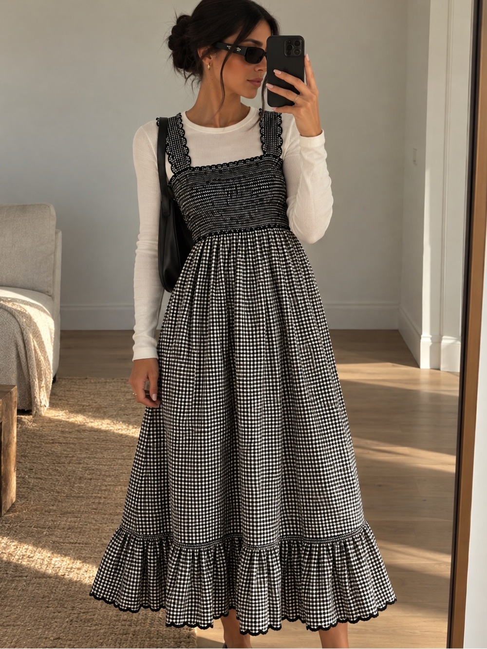 Rails Smocked Gingham Maxi Dress Black White Cotton Blend Cottagecore | XS